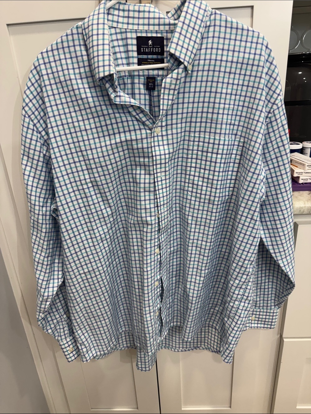 Stafford Men's Light Blue and Green Plaid Dress Shirt